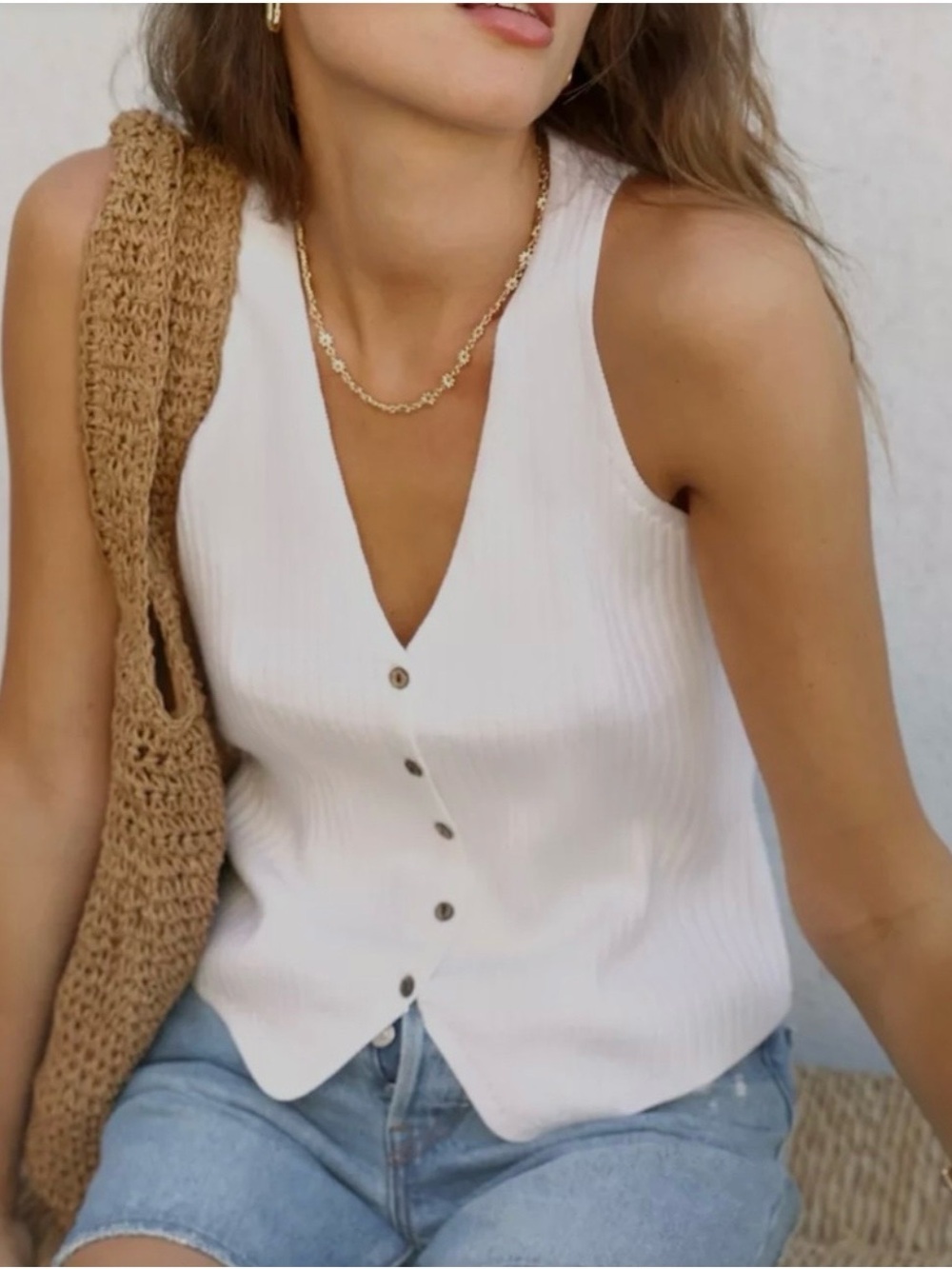 NWT Greylin Selma Button-front Ribbed Knit Best - Ivory